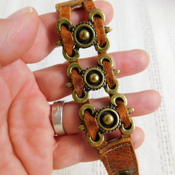 Leatherock USA Brass Genuine Leather Bracelet Cuff Marked LR Brown 7.5" EUC - Picture 3 of 13